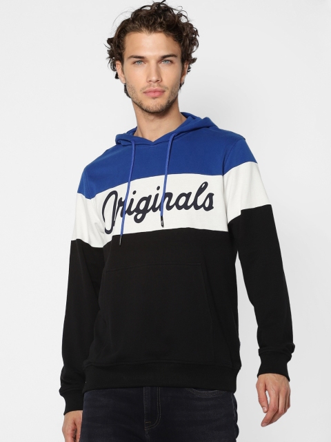 

Jack & Jones Men Black & Blue Printed Hooded Sweatshirt