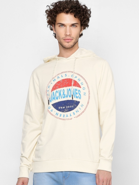 

Jack & Jones Men Cream-Coloured & Blue Printed Hooded Sweatshirt