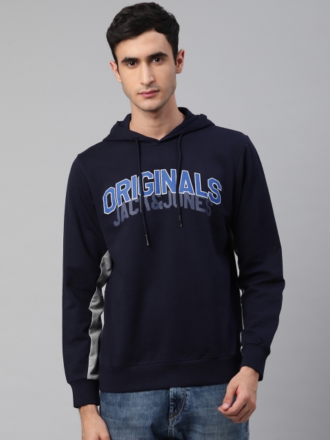 

Jack & Jones Men Navy Blue Typography Printed Hooded Sweatshirt