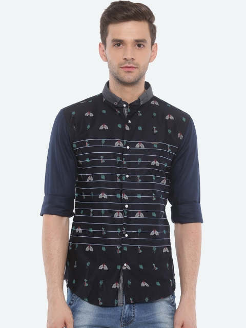 

WITH Men Navy Blue Slim Fit Printed Casual Shirt