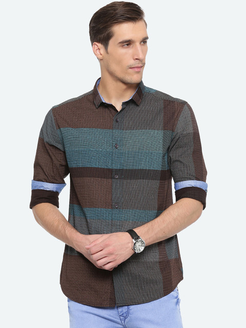

WITH Men Brown & Green Slim Fit Colourblocked Casual Shirt