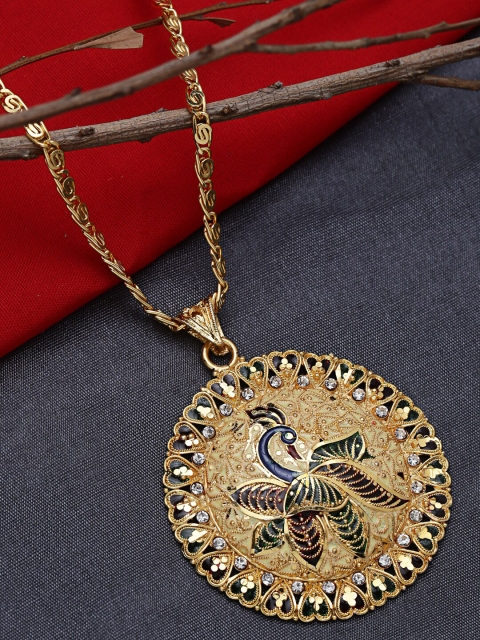 

ZeroKaata Gold & Blue Peacock Print Handcrafted Pendant Necklace