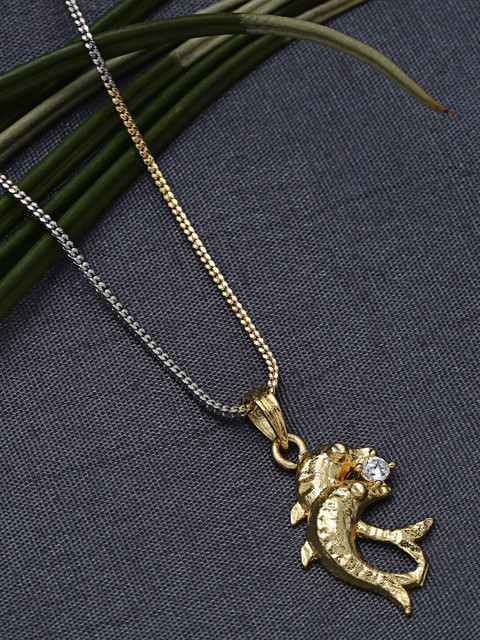 

ZeroKaata Gold-Plated Handcrafted American Diamond Studded Chain with Fish Pendant