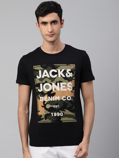 

Jack Jones Men Black Olive Green Brand Logo Camouflage Print Round Neck Pure Cotton T-shirt
