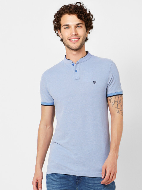 

Jack Jones Men Blue Solid Stand Collar Pure Cotton T-shirt
