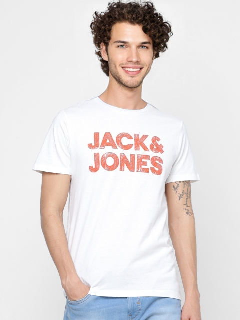 

Jack & Jones Men White & Red Brand Logo Printed Round Neck T-shirt