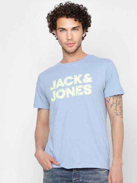 

Jack & Jones Men Blue & Fluorescent Green Brand Logo Printed Round Neck T-shirt