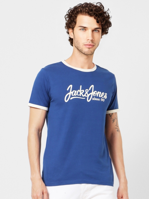 

Jack Jones Men Blue Off-White Brand Logo Printed Round Neck Pure Cotton T-shirt