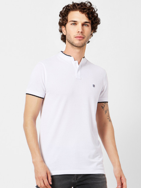 

Jack & Jones Men White Solid Mandarin Collar T-shirt