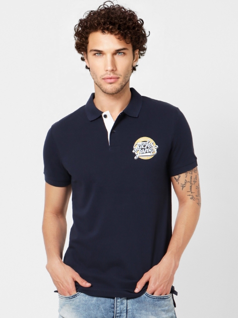 

Jack & Jones Men Navy Blue Printed Detail Polo Collar T-shirt