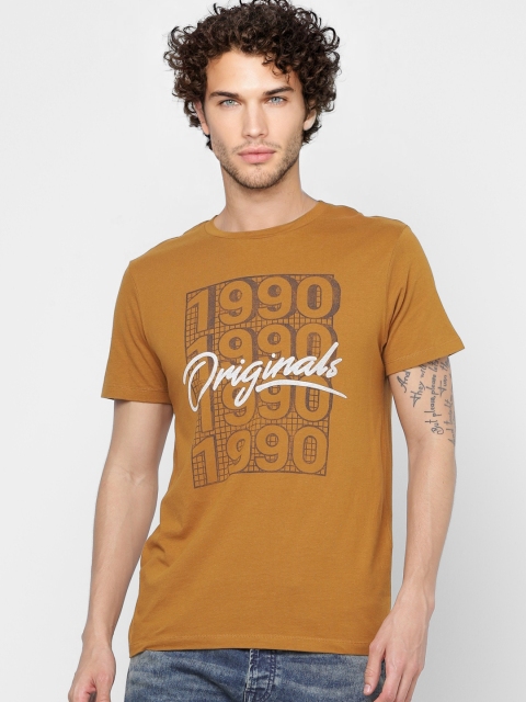 

Jack Jones Men Mustard Brown Charcoal Grey Brand Logo Printed Round Neck Pure Cotton T-shirt