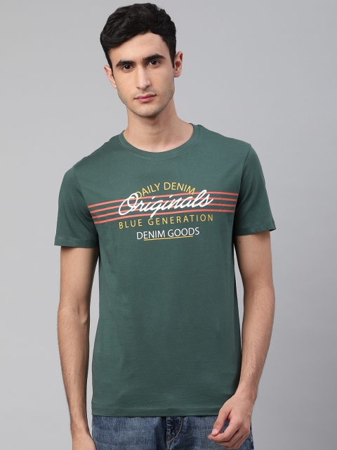 

Jack Jones Men Green White Typography Print Round Neck Pure Cotton T-shirt