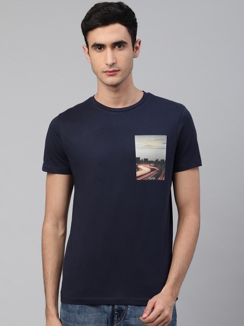 

Jack & Jones Men Navy Blue Solid Round Neck T-shirt with Printed Detail
