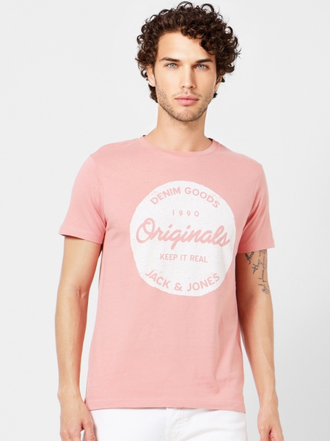 

Jack & Jones Men Pink & White Printed Round Neck T-shirt