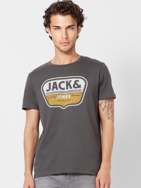 

Jack & Jones Men Charcoal Grey & Off White Printed Round Neck T-shirt