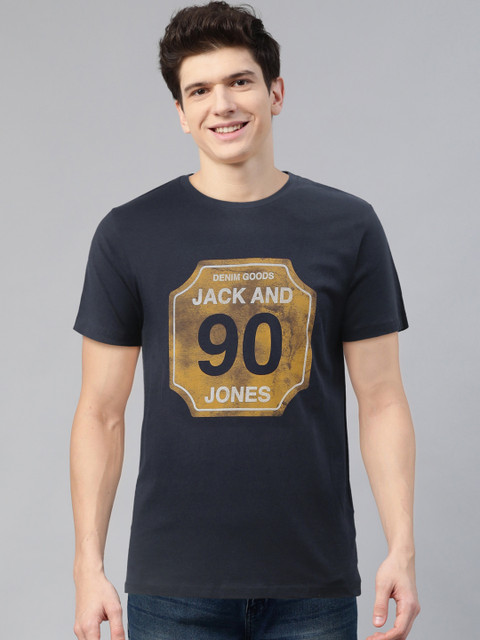 

Jack & Jones Men Navy Blue & Mustard Yellow Pure Cotton Printed Round Neck T-shirt