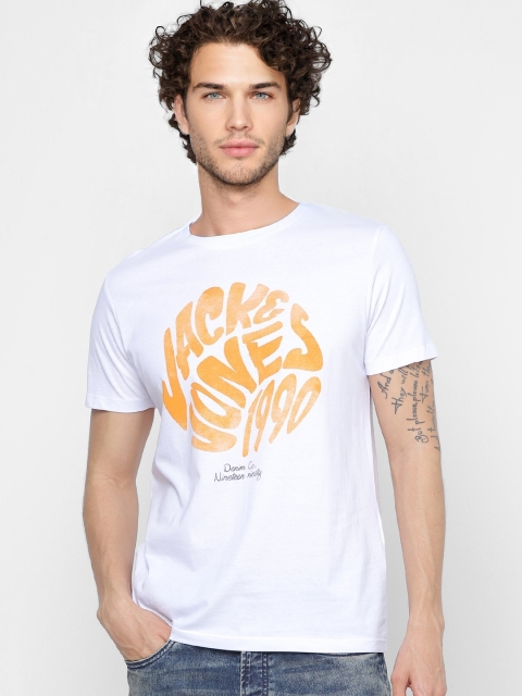 

Jack & Jones Men White & Mustard Yellow Printed Round Neck T-shirt