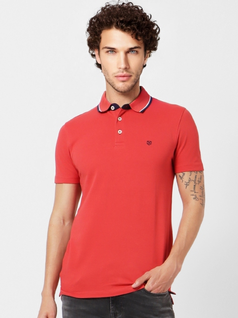 

Jack & Jones Men Coral Red Solid Polo Collar T-shirt