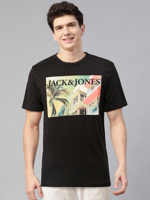 

Jack & Jones Men Black & Beige Pure Cotton Printed Round Neck T-shirt