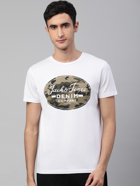 

Jack & Jones Men White & Olive Green Camouflage & Brand Logo Print Round Neck T-shirt