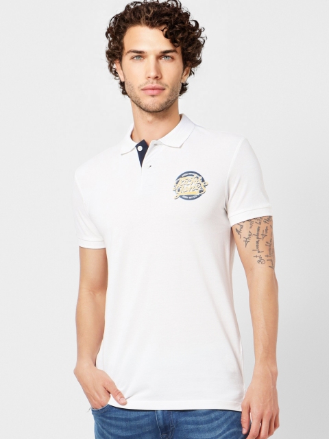 

Jack & Jones Men White Solid Round Neck T-shirt With Brand Logo Print Detail