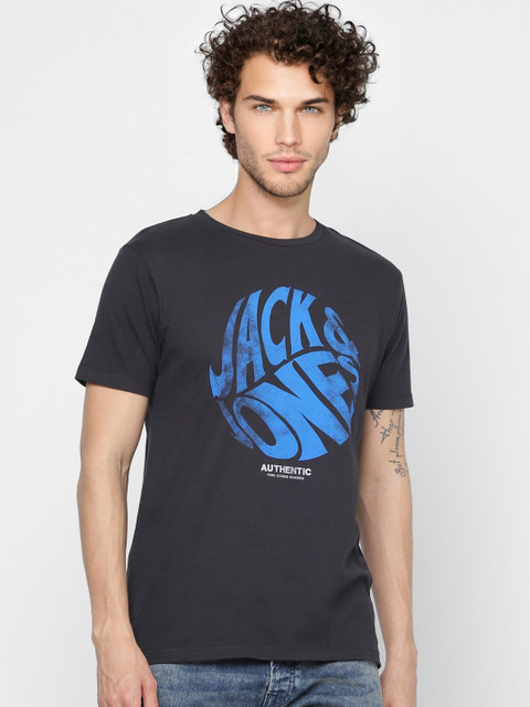 

Jack & Jones Men Black & Blue Brand Logo Printed Round Neck T-shirt