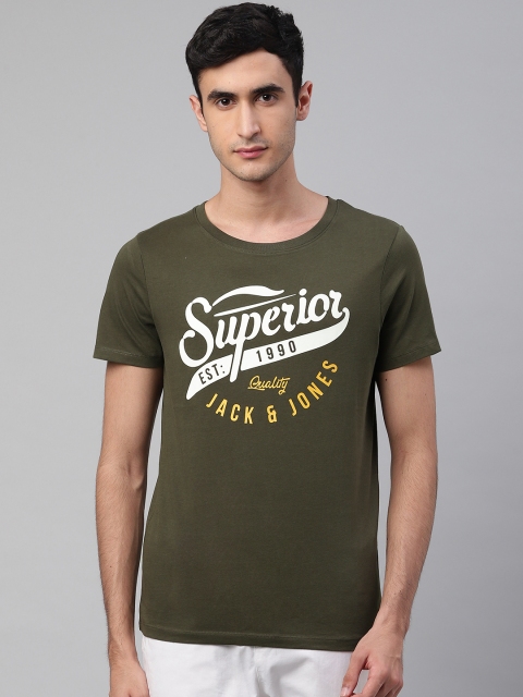 

Jack & Jones Men Olive Green & White Printed Round Neck T-shirt