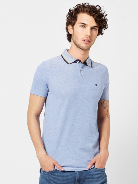 

Jack Jones Men Blue Solid Polo Collar Pure Cotton T-shirt