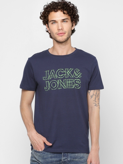 

Jack Jones Men Navy Blue Green Brand Logo Printed Round Neck Pure Cotton T-shirt