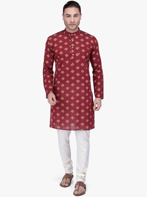 

RAJUBHAI HARGOVINDAS Men Maroon Block Printed Straight Kurta