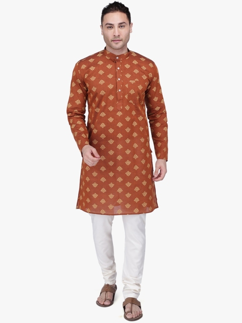 

RAJUBHAI HARGOVINDAS Men Rust Brown & Beige Woven Design Straight Kurta