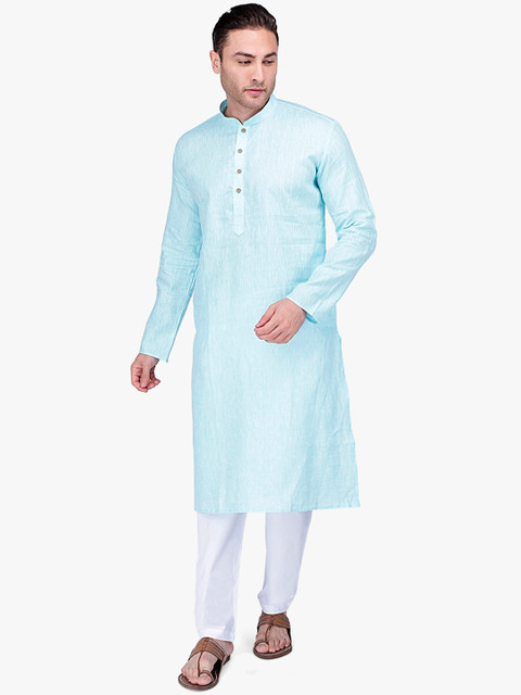 

RAJUBHAI HARGOVINDAS Men Turquoise Blue & White Solid Straight Kurta