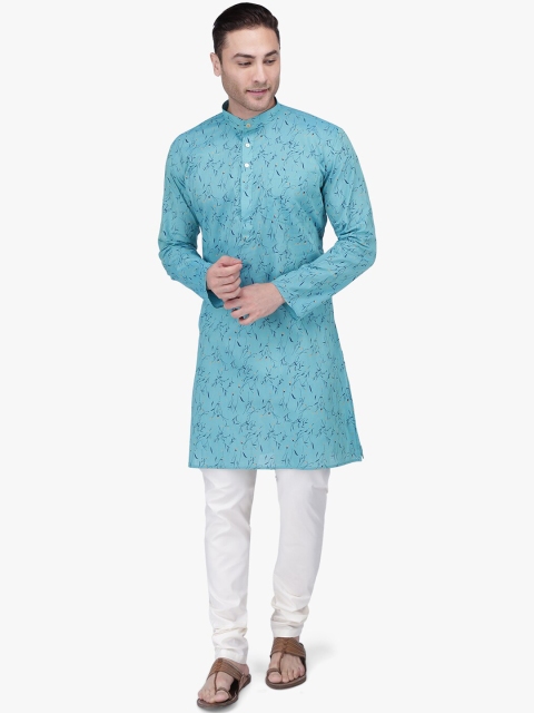 

RAJUBHAI HARGOVINDAS Men Turquoise Blue Block Printed Straight Kurta