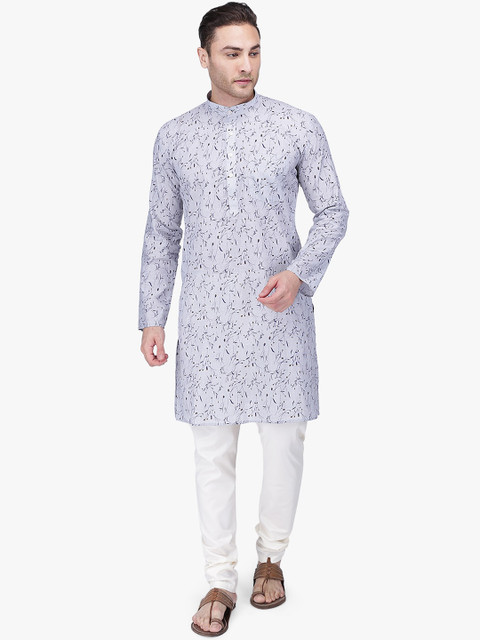 

RAJUBHAI HARGOVINDAS Men Grey & Navy Blue Printed Straight Kurta