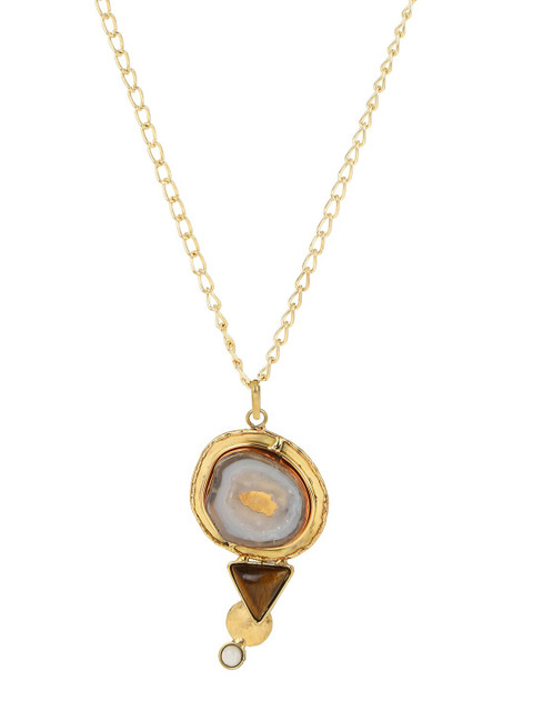 

ZeroKaata Off-White Gold-Plated Quartz & Tigers Eye-Studded Handcrafted Pendant & Chain