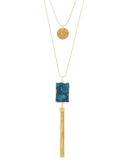 

ZeroKaata Gold-Plated Turquoise Druzy-Studded & Tasseled Handcrafted Layered Necklace
