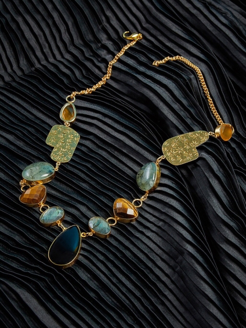 

ZeroKaata Black & Beige Gold-Plated Stone-Studded Handcrafted Necklace