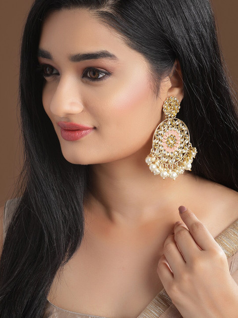 

Rubans Peach-Coloured Gold-Plated Kundan-Studded Handcrafted Meenakari Drop Earnings