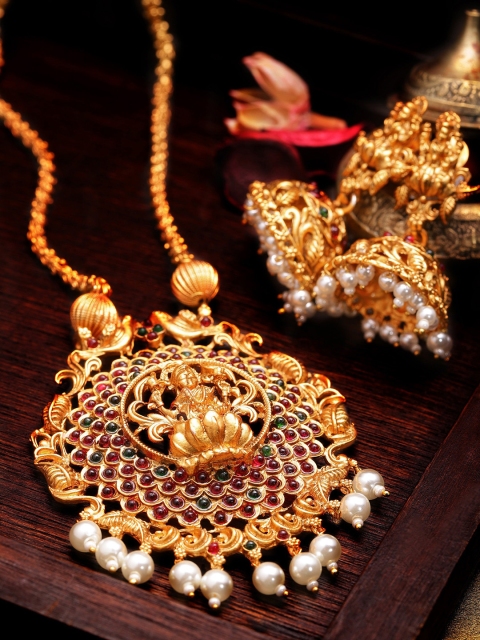 

Rubans 22 K Gold-Plated Red & Green Stone-Studded Beaded Handcrafted Temple Jewellery Set