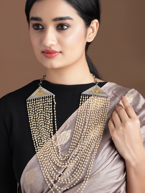 

Rubans Gold-Toned & Off-White Oxidised Silver-Plated Handcrafted Layered Necklace