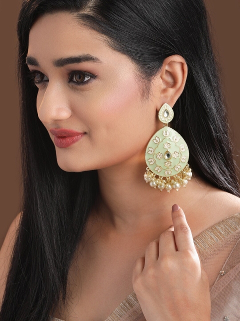 

Rubans Mint Green Gold-Plated Stone-Studded & Beaded Handcrafted Enamelled Drop Earrings