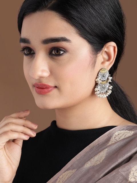 

Rubans Gold-Toned Oxidised Silver Plated Beaded Geometric Drop Earrings