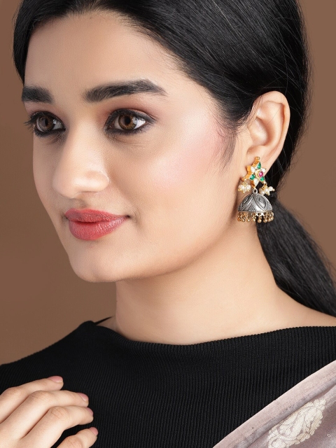 

Rubans Green Oxidised Silver Plated Stone Studded & Beaded Dome Shaped Jhumkas