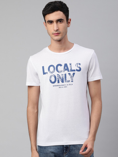 

Jack & Jones Men White & Blue Typography Print Round Neck T-shirt