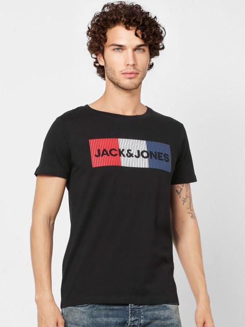 

Jack & Jones Men Black & White Brand Logo Print Round Neck T-shirt