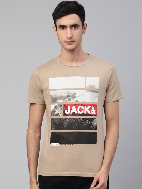 

Jack & Jones Men Beige & Charcoal Grey Brand Logo Detail Printed Round Neck T-shirt