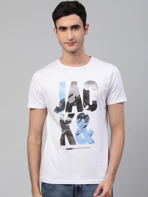 

Jack & Jones Men White & Black Brand Logo Printed Round Neck T-shirt