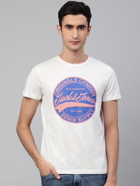 

Jack & Jones Men White & Blue Brand Logo Print Round Neck T-shirt