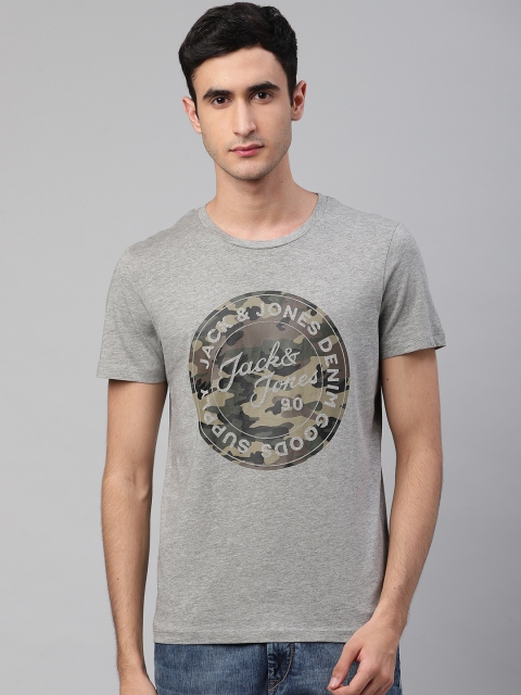 

Jack & Jones Men Grey Melange & Olive Green Brand Logo Print Round Neck T-shirt