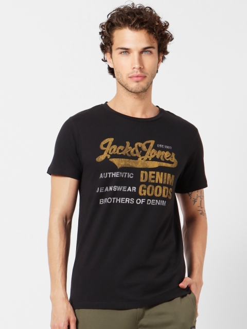 

Jack Jones Men Black Mustard Yellow Brand Logo Print Round Neck Pure Cotton T-shirt